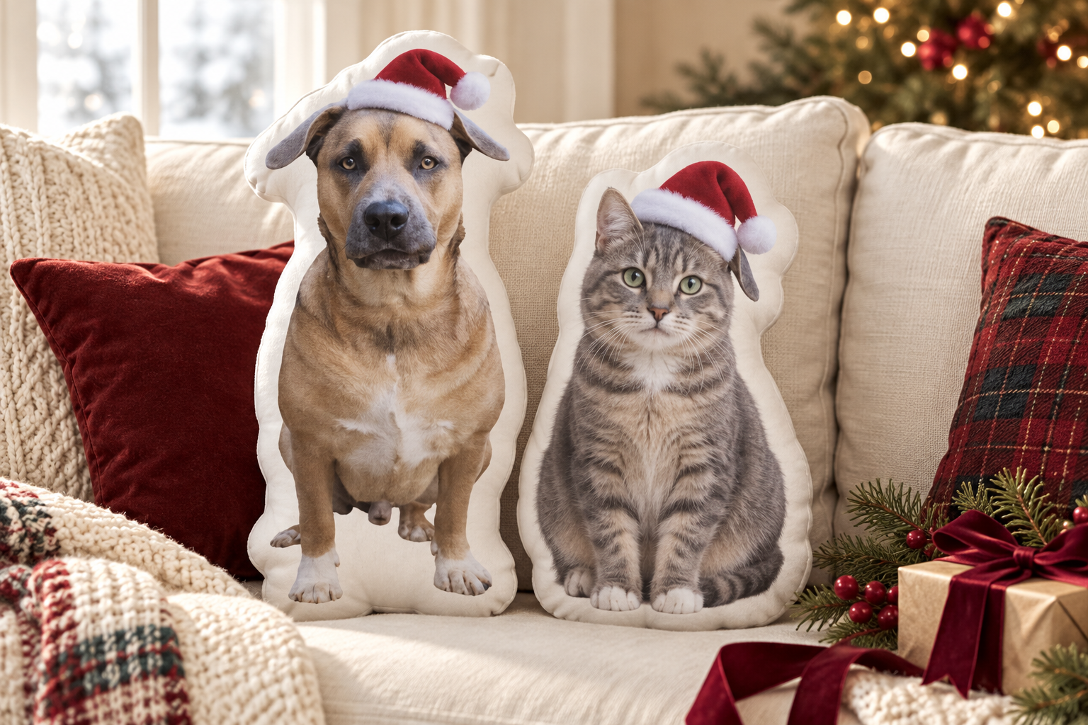 Illustrative holiday scene with custom-shaped dog and cat pillows wearing Santa hats